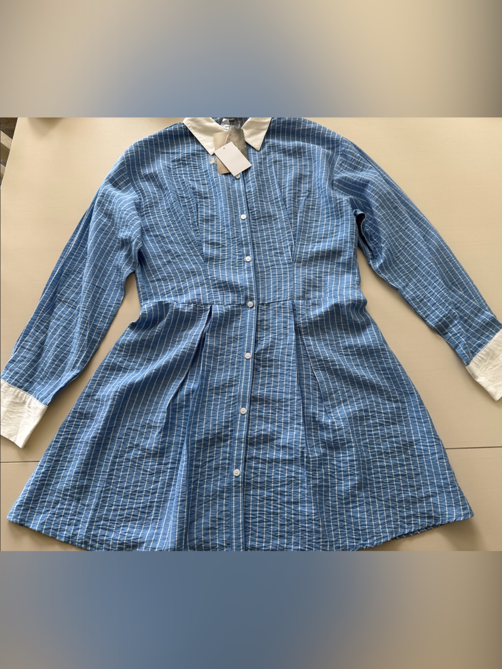 Kohl's Blue and White Long-Sleeve Button Front Dress